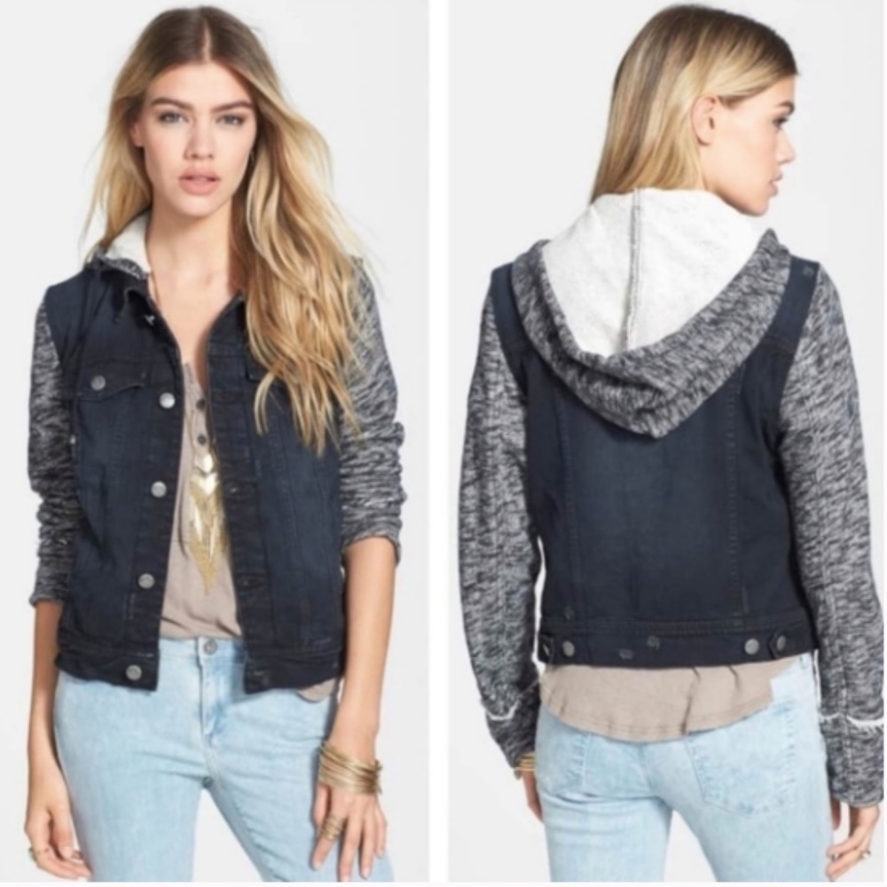 Free People Denim and Knit Hooded Jacket